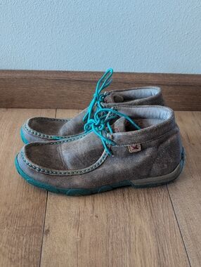 Twisted X Brown Suede Moccasins with Teal Accents